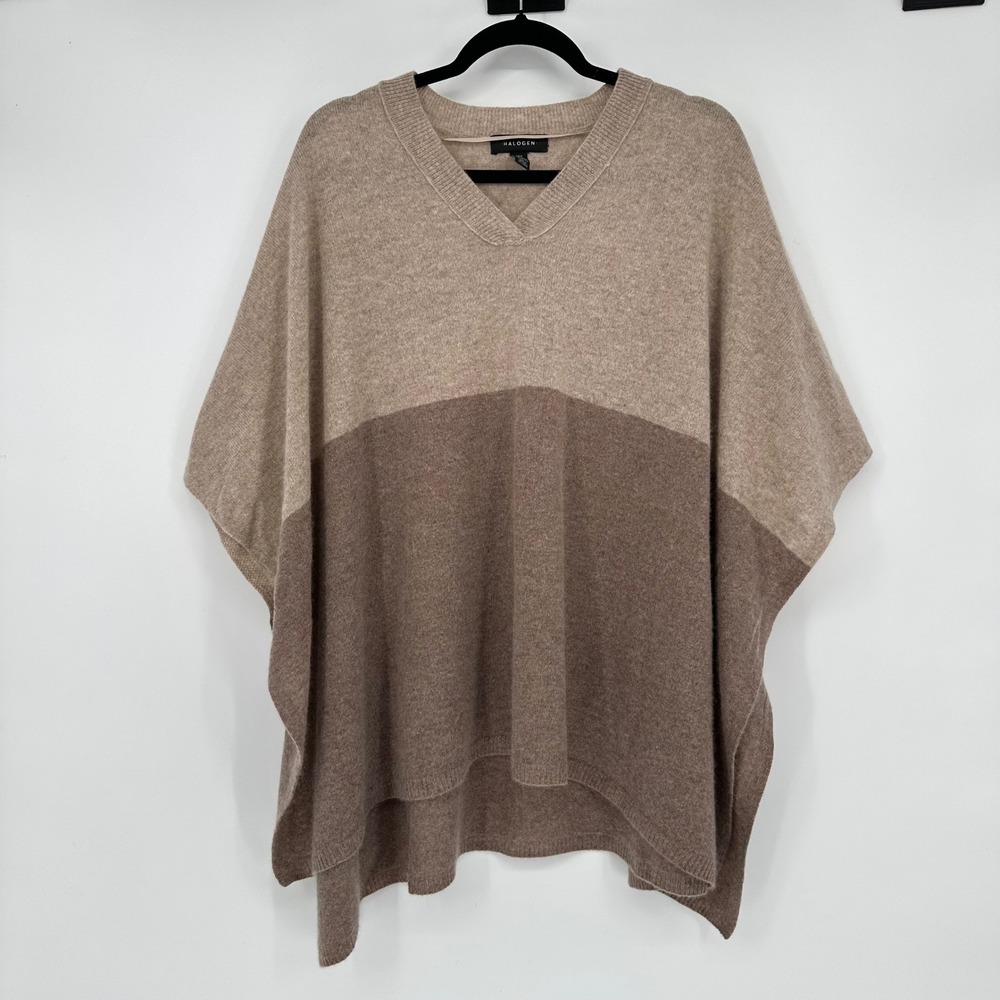Halogen Brown Colorblock 100% Cashmere Poncho Shrug Beige Oatmeal One Size